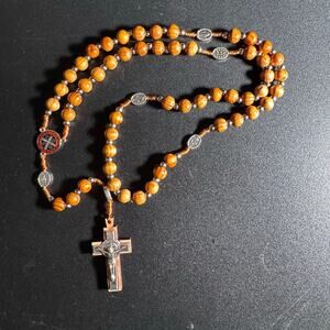 Handcrafted Olive Wood St. Benedict Rosary from Jerusalem Prayer Beads Necklace